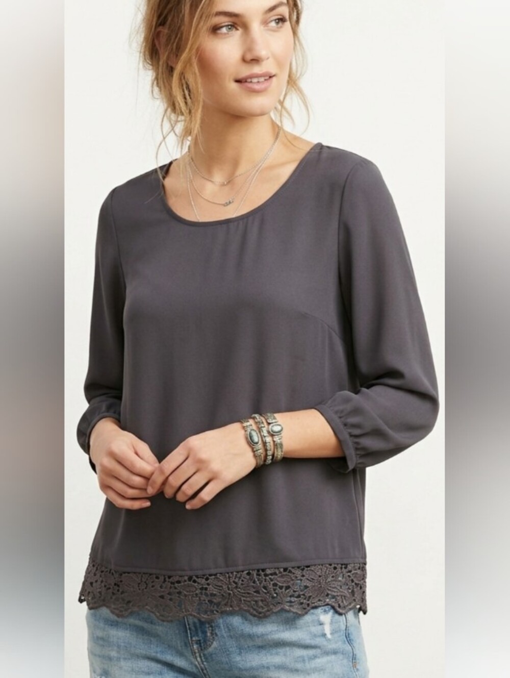 LOFT Dark Gray 3/4-Sleeve Blouse with Lace Trim